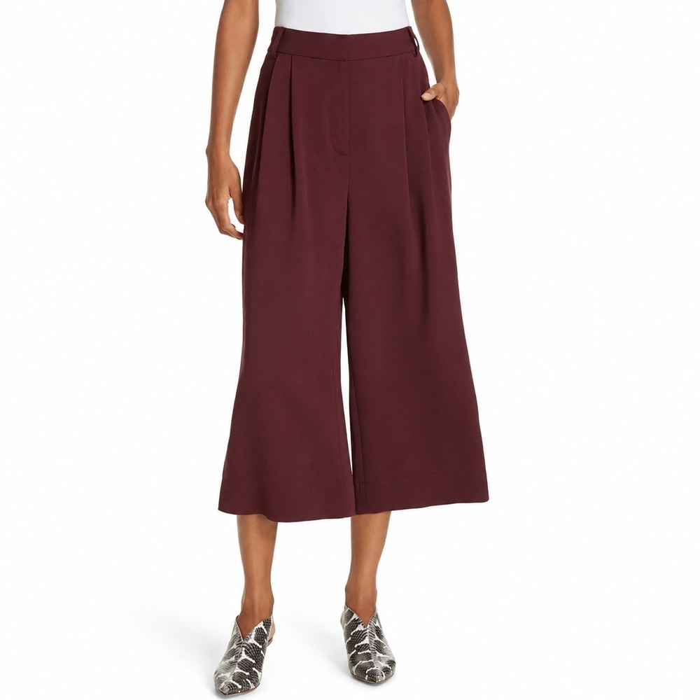 Tibi Burgundy Stella Pleated Wide Leg Cropped Trouser Pants Stretch Size 4